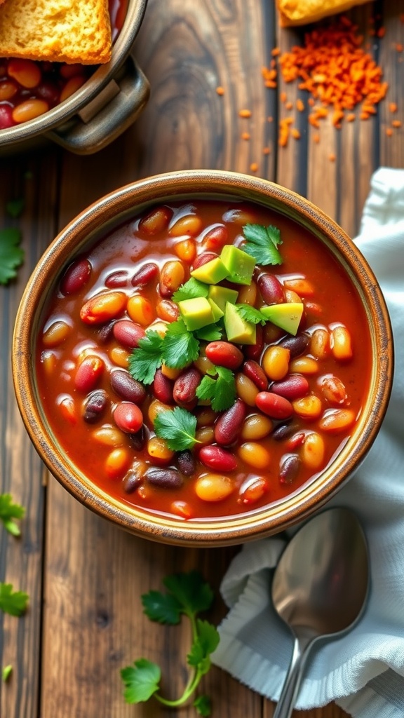 A hearty bowl of five-bean chili topped with cilantro and avocado, served on a rustic table with cornbread.
